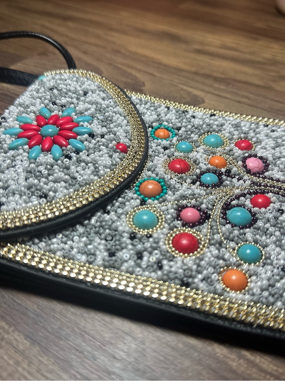 COCO + CARMEN Beaded Crossbody Bag Colorful Floral Black Strap